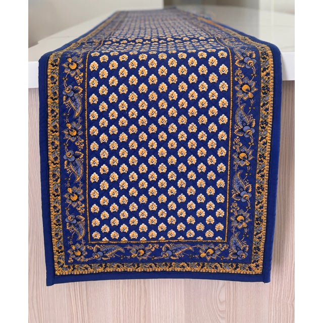 French Country Williams Sonoma Blue and Yellow French Country Floral Large Table Runner For Sale - Image 3 of 9