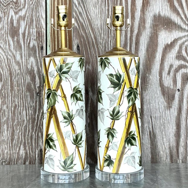 Vintage Coastal Bamboo Vine Glazed Ceramic Lamps - a Pair For Sale - Image 4 of 7