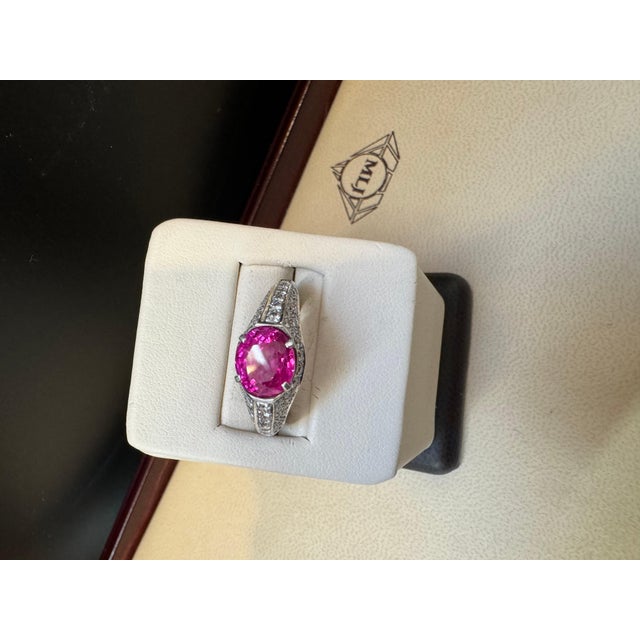 GIA Certified 2 Ct Natural Pink Sapphire & 2 Ct Pave Diamond Ring in Platinum For Sale - Image 14 of 18