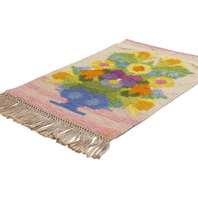 79380 Vintage Swedish Rollakan Rug, 01'11 x 02'09. The Nordic Bouquet: A Swedish Rollakan Ingegerd Silow Masterpiece of...