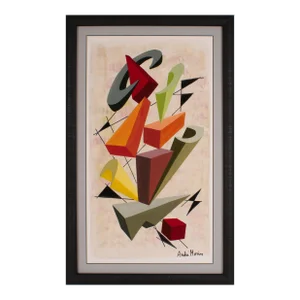 Multicolor Geometric Cubist Gouache and Watercolor Painting by André Morin