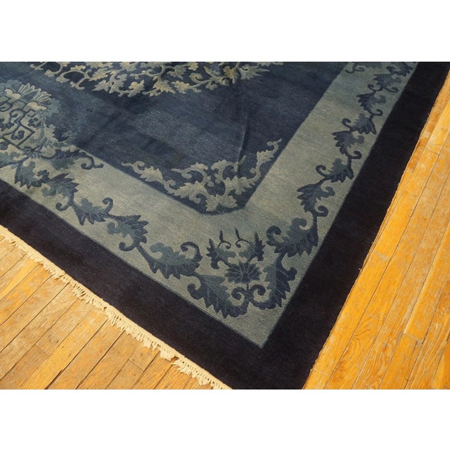 Textile A Beautiful Blue Field and Elegant Floral Light Blue Medallion Antique Chinese Peking Rug For Sale - Image 7 of 12