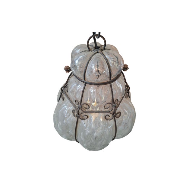 Vintage Pendant Lamp in Blown Glass and Wrought Iron, 1990 For Sale - Image 4 of 8