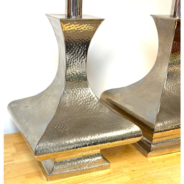 Late 20th Century Monumental Hand-Hammered Silver-Plated Modernist Table Lamps - a Pair For Sale - Image 16 of 18