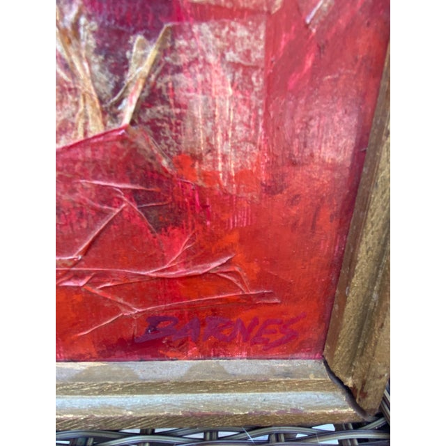 Vintage Mid-Century Modern Textural Red & Orange Abstract Mixed Media Collage Painting by Barnes For Sale - Image 4 of 12