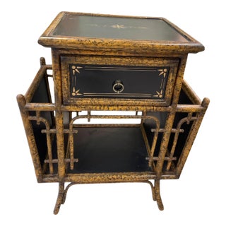 1980s Chinoiserie Tortoise Faux-Bamboo Side Table & Magazine Rack For Sale