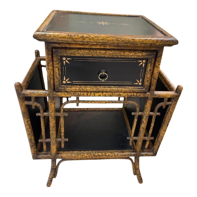 1980s Chinoiserie Tortoise Faux-Bamboo Side Table & Magazine Rack For Sale