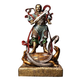 Vintage Gilt Bronze Figure of Zhenwu Emperor on Tortoise and Snake For Sale