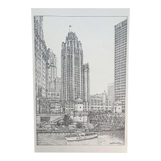 Chicago Tribune Towers Black and White Illustration Print by Albert Richardson Vintage 70s For Sale