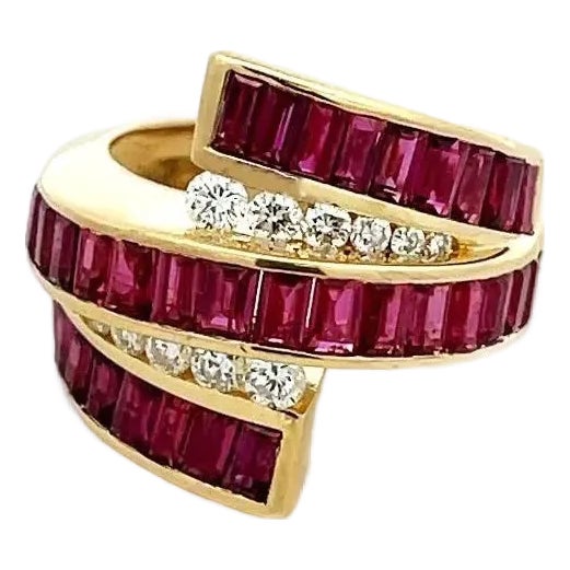 Ruby & Diamond 18k Ring Yellow Gold Wide Impresive 5 Row Bypass Fan Band For Sale