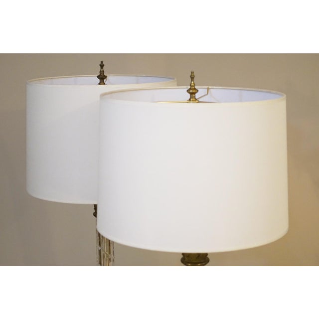 Large Matched Pair Waterford Crystal French Empire Corinthian Column Brass Table Lamps 1960's For Sale - Image 12 of 13