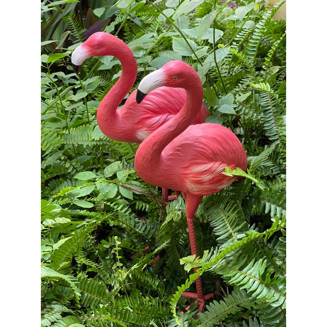 Vintage pair of pink flamingo bird garden coastal sculptures, 23”.