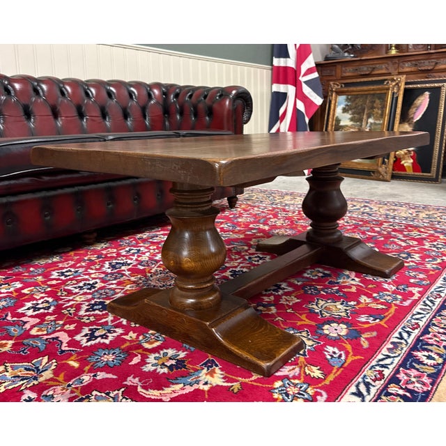 Wood Antique French Farmhouse Coffee Table Bench Baluster Pedestal Oak c.1930s For Sale - Image 7 of 17