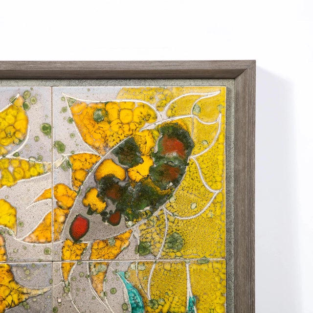 1970s Modernist Ceramic Tile Wall Plaque of Sunflowers Signed Gilbert Valentin For Sale In New York - Image 6 of 13