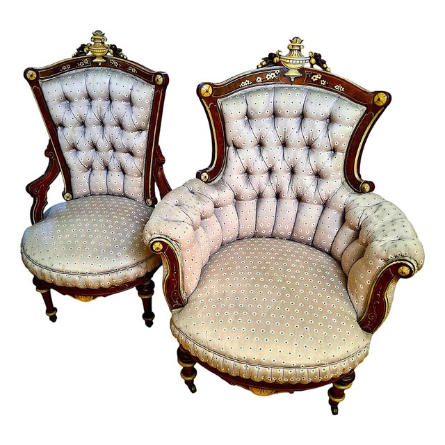 Antique “His” & “Hers” American Neo-Grec Upholstered Chair Set For Sale