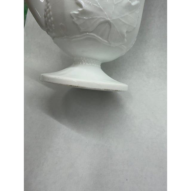 Vintage Milk Glass Footed Pitcher With Embossed Grape and Vine Pattern For Sale - Image 6 of 6