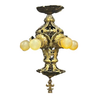 1920s Cast Bronze Semi Flush 5 Light With Exposed Bulbs and Hammered Texture For Sale