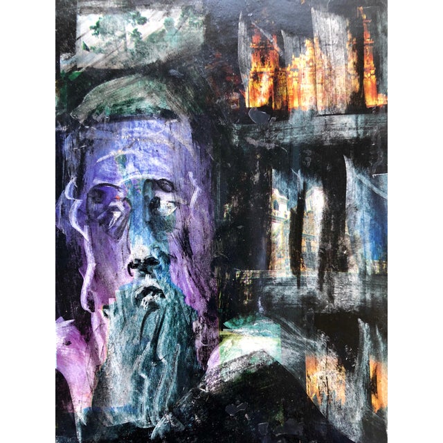 Early 20th Century Modernist Rabbi Mixed Media Painting on Newsprint Spertus Museum Deaccession For Sale - Image 5 of 7