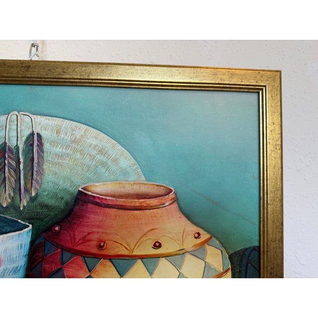 Late 20th Century Textured Signed Oil Painting Still Life, Folk Art Pottery Corn Adobe Scene Art For Sale - Image 9 of 13