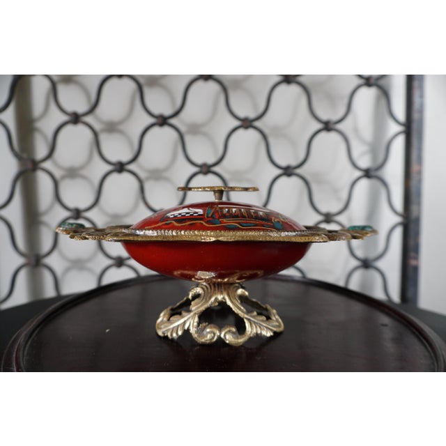 Vintage Jerusalem Red Enamel Trinket Box With Ornate Gilt Filigree Frame | Holy Land Souvenir Jewelry Box For Sale - Image 4 of 7