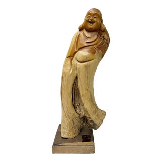 Natural Cypress Wood Root Carved Artistic Happy Buddha Figure For Sale