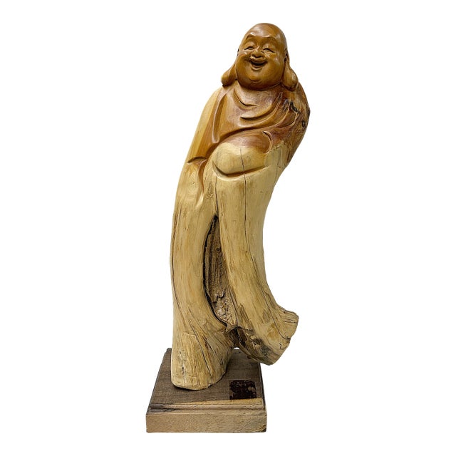 Natural Cypress Wood Root Carved Artistic Happy Buddha Figure For Sale