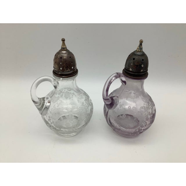 Metal Antique Sterling Silver With Light Purple and Clear Salt and Pepper Shakers Set of 2. For Sale - Image 7 of 11