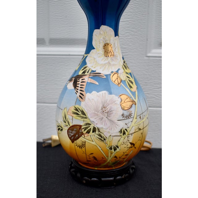 Antique Japanese Satsuma Vase Lamp Meiji Painted Porcelain Gold Bird Flower For Sale - Image 4 of 17