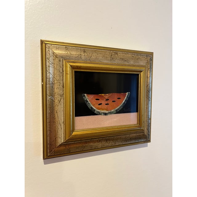 Framed mid-20th century Italian pietra dura inlaid plaque, a beautiful slice of watermelon by Bruno Fantechi. Nice gilt...