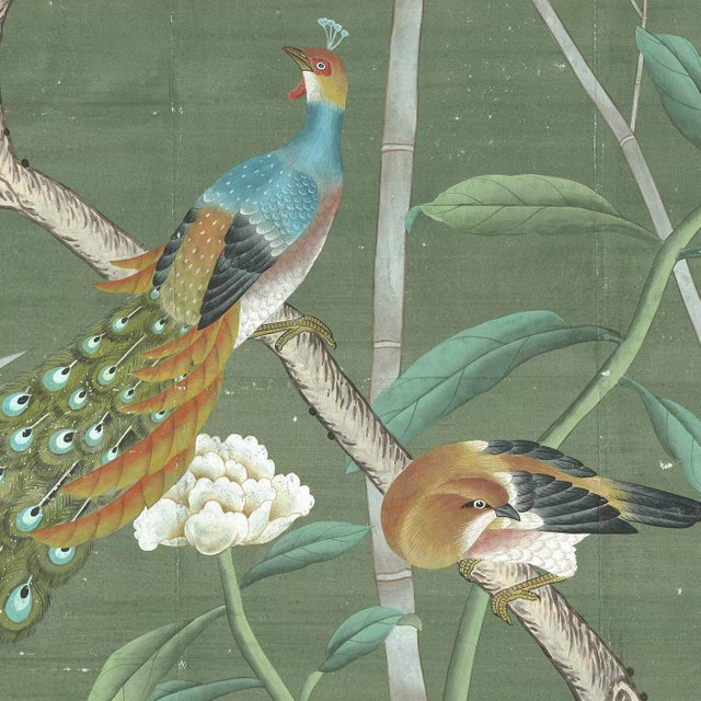 Not Yet Made - Made To Order 36" * H100"/Panel * 5ps, Dark Olive Green‌ Floral and Bird Wallpaper, Hand-Painted New Chinese-Style Floral and Bird Wallpaper Mural,5 Panels For Sale - Image 5 of 5