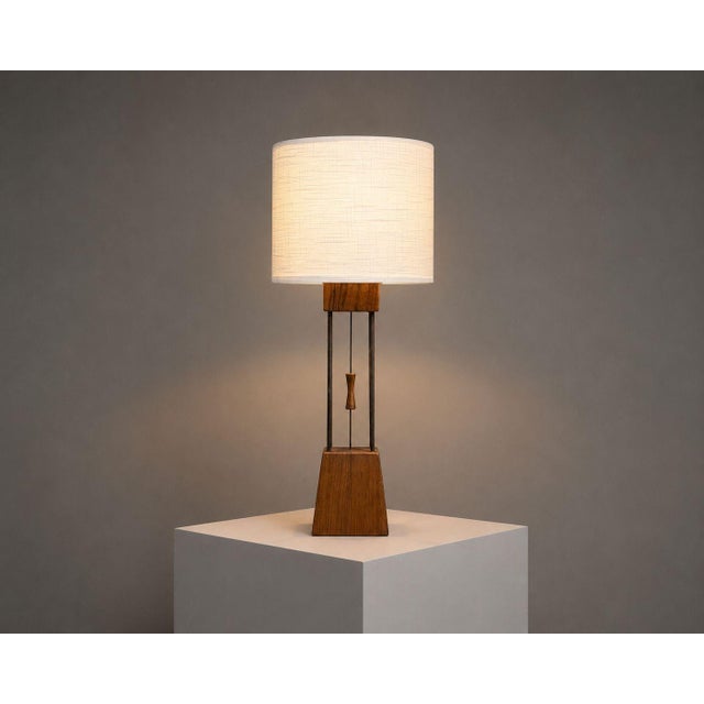 American Mid-Century Modern, Cage Form Table Lamp, Walnut, Patinated Brass, USA, 1960s A sculptural cage form mid-century...