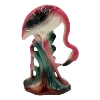 1950s Atomic California Pottery Ceramic Grazing Tropical Pink Flamingo Figurine Statue For Sale
