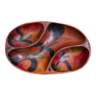 Boho Chic Hand-Painted Carved Wooden Serving Snack Platter For Sale