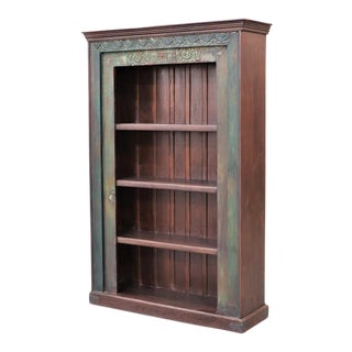 Handmade Hand Carved Tall Bookcase | Farmhouse Style Solid Teak Wood Bookshelf | Rustic Distressed Green Painted Large Bookcase For Sale