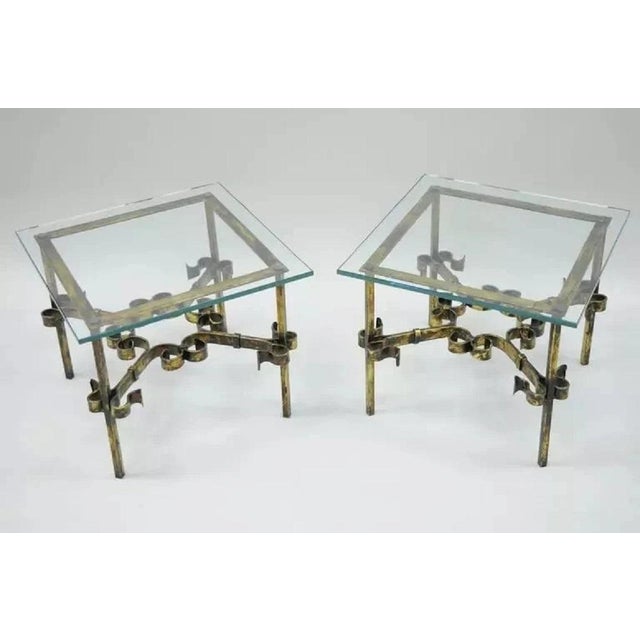 Metal Vintage Spanish Hollywood Regency Gold Gilt Iron Square Glass End Tables - Pair For Sale - Image 7 of 9