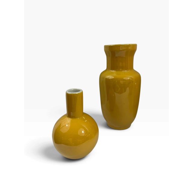 Chinese Set of 4 Chinese Porcelain Vases Mustard Yellow Glaze, Double-Gourd and Bottle Forms, Unmarked For Sale - Image 3 of 6
