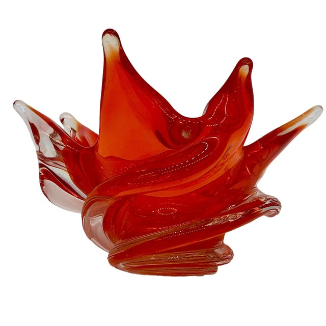 1960s Chalet Swirl Six Finger Orange and Clear Glass Bowl For Sale - Image 4 of 8