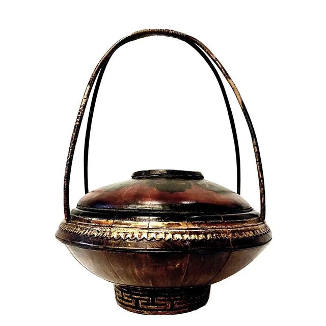 For your consideration is an antique Chinese carved wooden wedding or grain basket with a bamboo woven double handle....