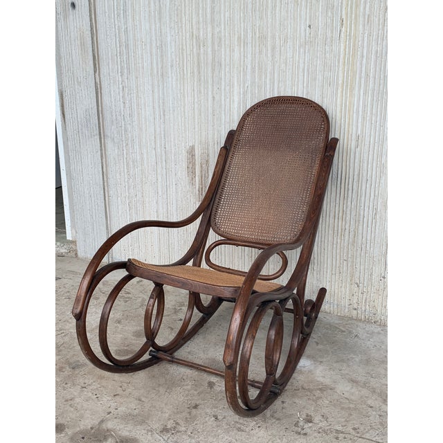 Wood Midcentury Rattan Rocking Chair in the Thonet Style For Sale - Image 7 of 10