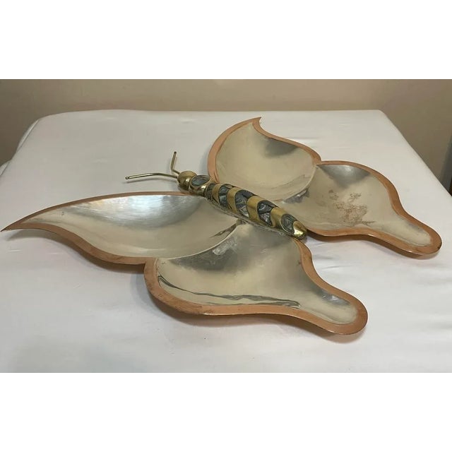 Mid century Los Castillo Style (unmarked) Mixed Metals and Abalone Butterfly Tray. 17” width. 14 1/2” height 1 3/4” depth....