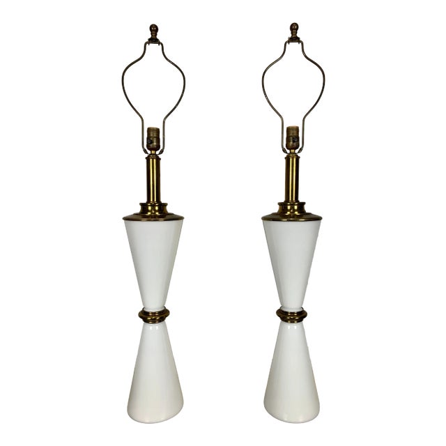 Milk Glass and Brass Hourglass Shaped Table Lamps For Sale