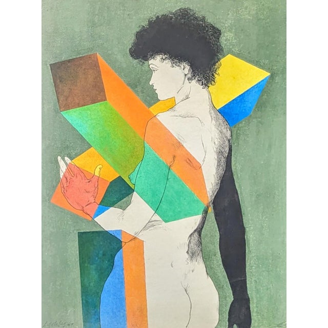 Laszlo Matulay created this edgy art piece of a nude woman co-mingled with colorful 3-D geometric shapes. The subject...
