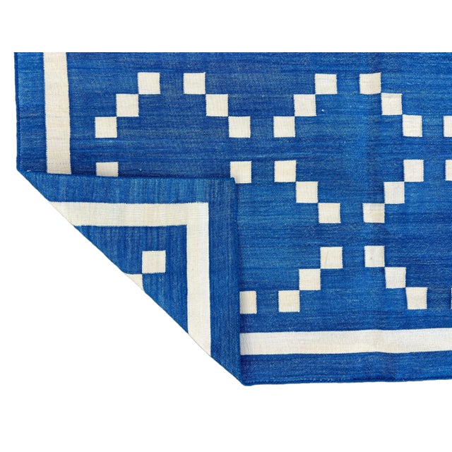 Casa Cosima Handmade Cotton Rug, Contemporary Denim Blue and Cream Diamond Pattern Dhurrie - 12'x15' For Sale - Image 4 of 12