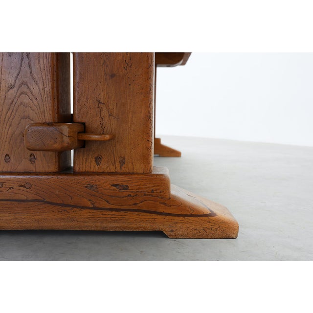 Vintage Oak Trestle Table with Pegged Stretcher, France, 1950s For Sale - Image 13 of 18