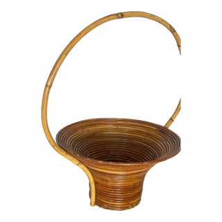 Vintage Italian Large Reed Bamboo Flower Basket, 1970s For Sale