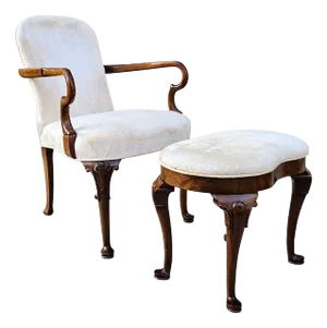 Vintage Queen Anne Style Open Armchair With Matching Footstool