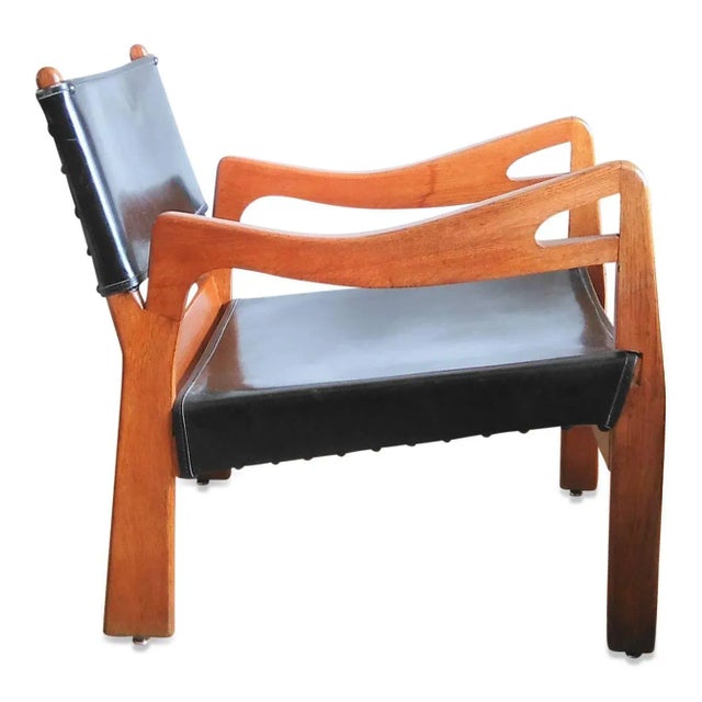 Solid Oak and Leather Armchair by Guillerme & Chambron, France, 1960s Faux leather seating and backrest Good vintage...