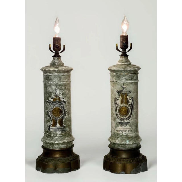 1910s Early 1900s French Neoclassical Reverse Painted Églomisé Lamps, Pair For Sale - Image 5 of 12