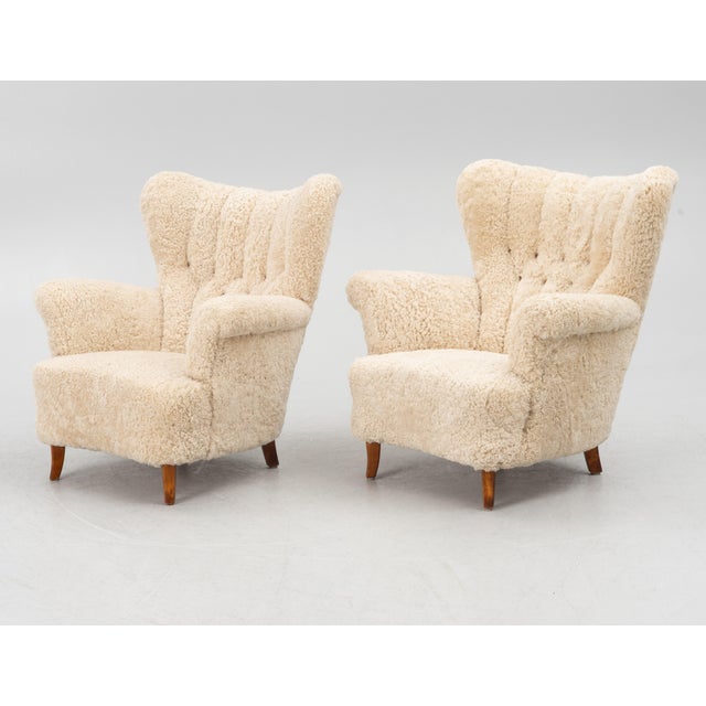1940s Swedish Lounge Chairs Sheepskin Birch Pair For Sale - Image 4 of 7