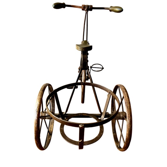 Brown Vintage Decorative Metal Tricycle Planter With Spoked Wheels and Brass Accents For Sale - Image 8 of 17